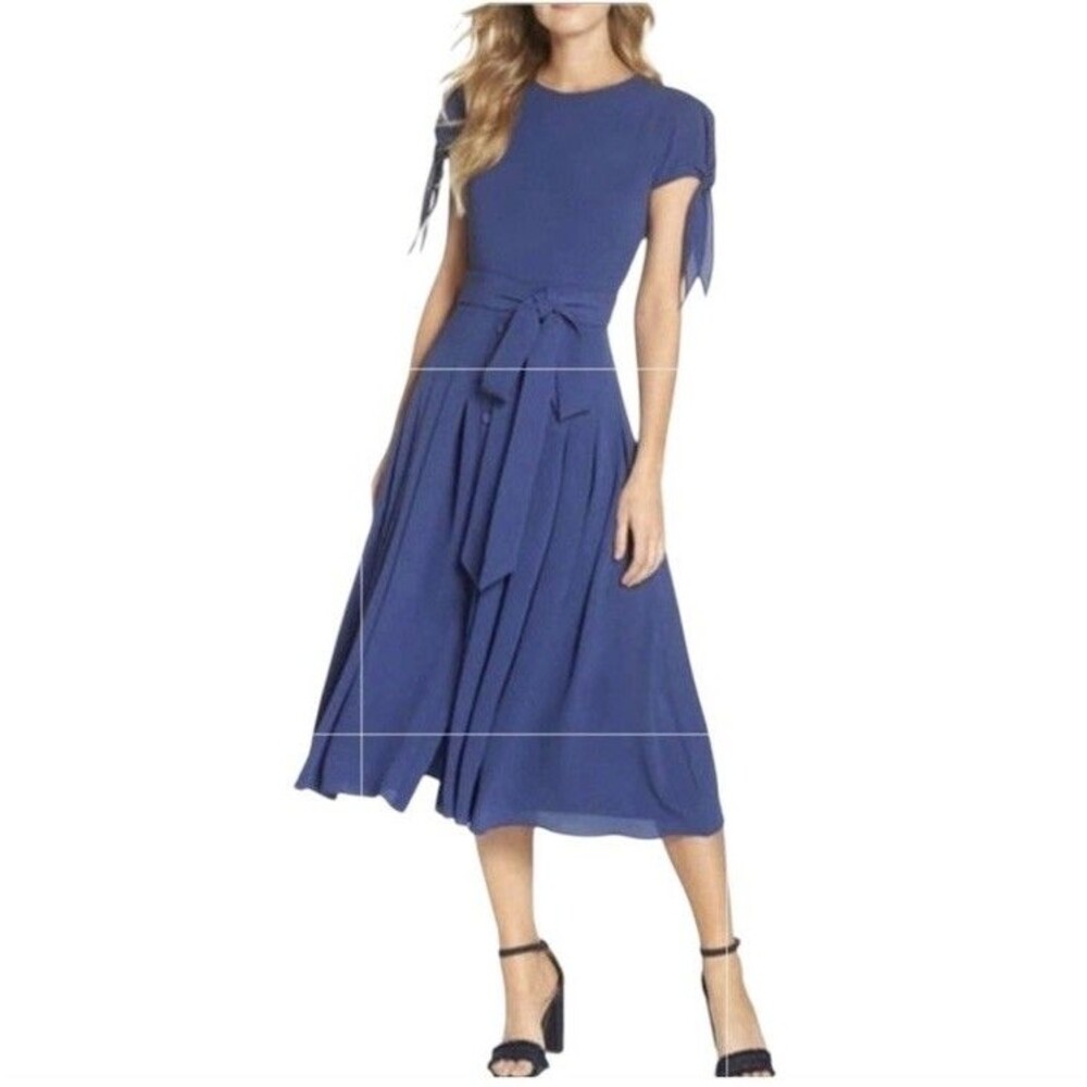 Gal Meets Glam Bette Teal Blue Pleated Crepe Midi Dress Cap Sleeve Chic Size 8